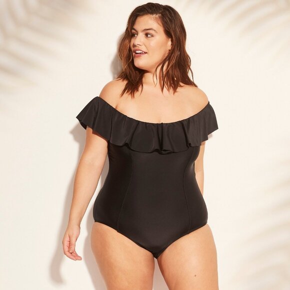 Kona Sol Plus Size Off Shoulder Ruffled One Piece Swimsuit NWT - Picture 4 of 5